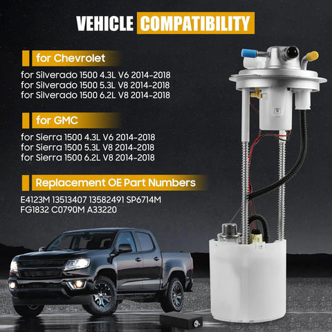 E4123M Fuel Pump Fit For Chevrolet Silverado 1500 And GMC Sierra 1500 2014 2018 in front of truck model display