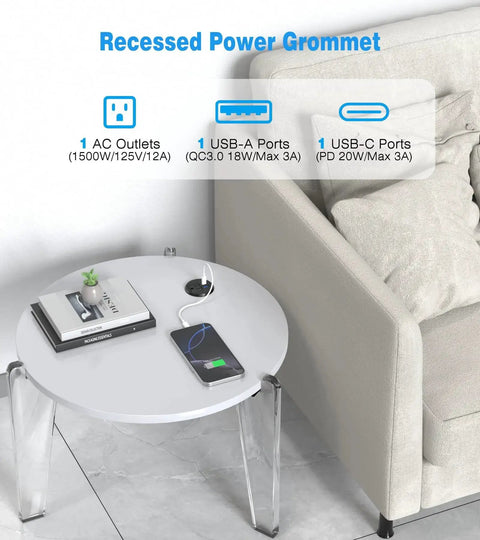 2 Inch Desk Power Grommet Outlet With 20W USB C Fast Charging And 125V 12A Recessed Flush Mount on table near sofa