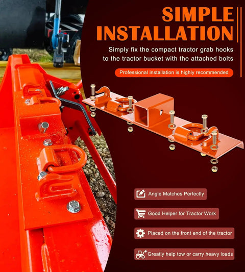 Bolt On Tractor Grab Hooks For Kubota Buckets With D Rings 2In Receiver Orange installed on tractor bucket