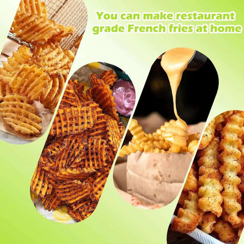 Images of crinkle-cut fries made with a Large Crinkle Cutter Wavy Slicer For Potatoes And Fries, Stainless Steel French Fry Cutter.
