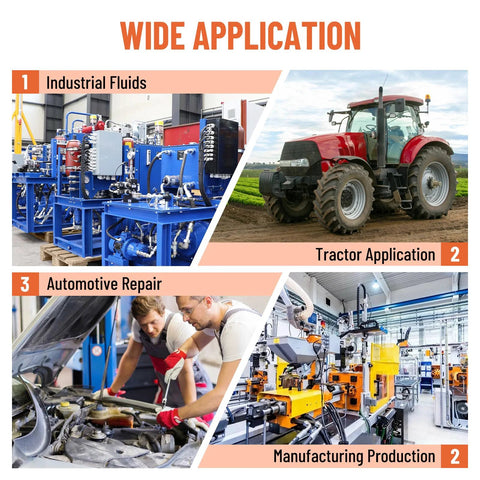 Hydraulic fittings collage: Racewill 90° elbow adapters shown across four scenes—industrial fluids, tractor, automotive, manufacturing.