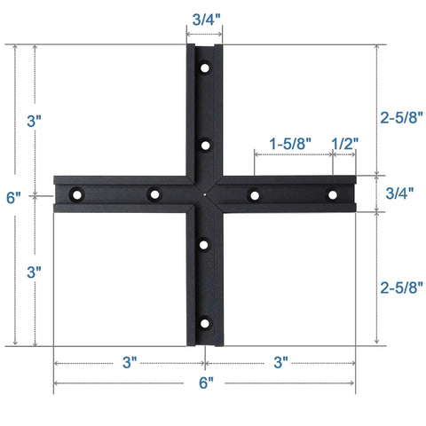 Beefy Aluminum T Track 3 Inch Intersection Kit for woodworking, 6063 alloy, black anodized finish, pre-drilled mounting holes visible.