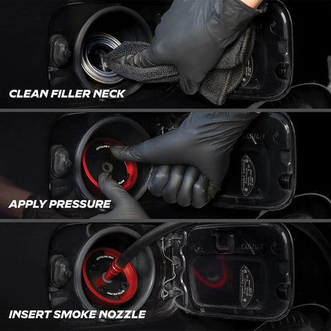 AutoLine Pro universal gas cap adapter for EVAP leak testing; red adapter installed in filler neck with smoke nozzle.