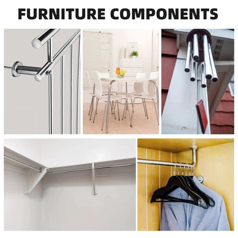 Image showing uses of furniture components such as chrome tubing in dining, storage, and wardrobe settings, emphasizing versatility.