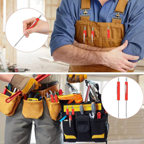 10 Pack Pocket Screwdrivers With Valve Core Removal Tools clipped on utility belts in use by mechanics and electricians