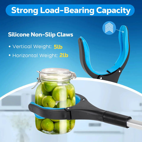 Extra Long 32 Inch Foldable Reacher Tool With 360 Degree Rotating Jaw holding a jar, showcasing strong silicone non-slip claws.