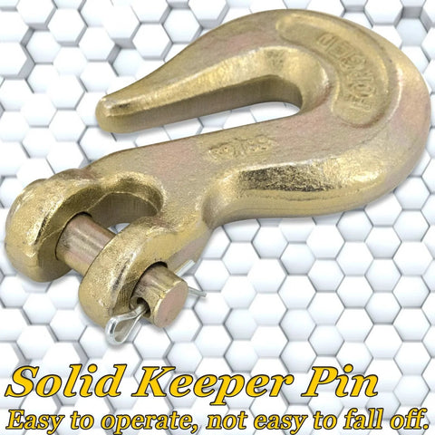 Close-up of solid keeper pin on Five Sixteenth Inch Clevis Grab Hooks Heavy Duty Chain Hooks for Trucks and Trailers