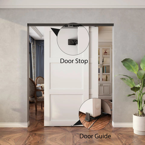 Heavy-Duty Bypass Door Track Hardware For Aluminum Sliding Doors, 48 Inch Four Foot Rail Set, Concealed Sliding Track For Cabinet And Closet, Pocket Door System, Two-Door, Smooth Quiet Operation, Black Finish in use showing door stop and guide.