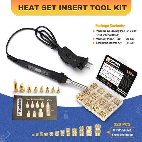 80W Heat Set Insert Tool Kit With Rapid-Heat Soldering Iron, LED Display, Anti-Scald Grip, 520 Brass Inserts And 7 Tips for 3D Printing