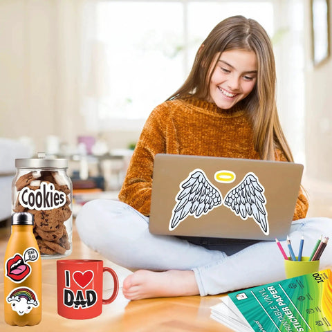 Printable Vinyl Sticker Paper For Inkjet And Laser Printers Waterproof Matte 8.5 By 11 Sheets used on laptop and mug