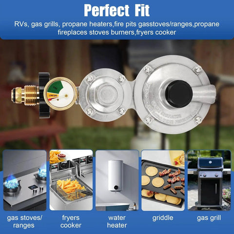 Top Rated Two Stage Propane Regulator With POL Gauge For 20 To 100 Lb Tanks, 3/8 Inch Female NPT Connection, multiple uses shown