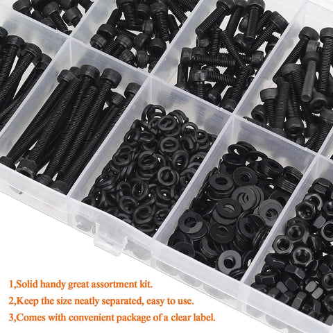 540 Piece M3 Hex Socket Head Cap Screws Kit With Nuts Washers In Black 6mm to 30mm in transparent box
