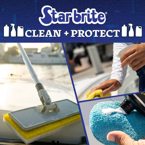 Starbrite products cleaning and protecting various surfaces on a boat, including a brush on a pole, a yellow cloth, and a blue sponge.