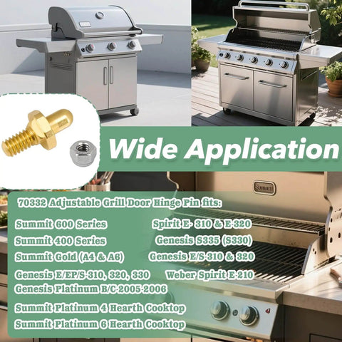 Four Pack Adjustable Grill Door Hinge Pins And Nuts Replacement Kit For Weber Genesis Summit Spirit Series Grills Stainless Steel Hinges Bolts And Nuts 70332 Compatible, shown with grills in background and close-up of hinge pin and nut.