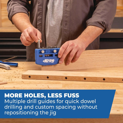 Person using doweling jig kit with removable drill guides for cabinets and benchtop projects on wooden board