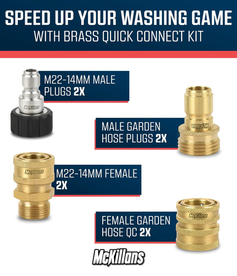 McKillans brass pressure washer quick-connect kit with M22-14mm to 3/8 in adapters, 2x each