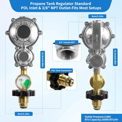 Two Stage Propane Regulator With Gauge And POL Three Eighths Inch Female NPT For Twenty To One Hundred Pound Tanks, front view