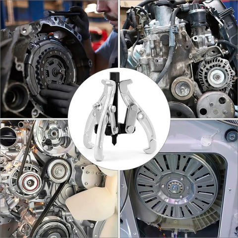 Collage showing Beefy 3 Inch Gear Puller with 3 reversible jaws in use on car and machinery parts