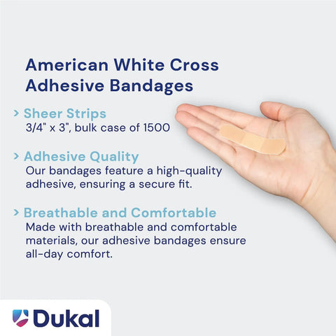 Hand holding sheer adhesive bandage with text: American White Cross Adhesive Bandages, 3/4 x 3 inch, bulk case of 1500.
