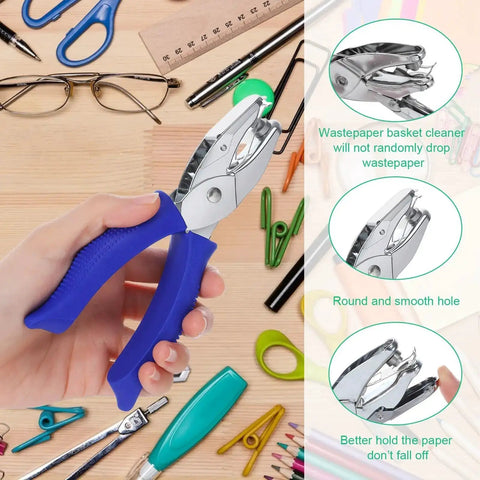 Hand holding blue puncher from Grab And Go Six Piece Craft Hole Punchers Set with metal punch and soft grip handle for DIY projects