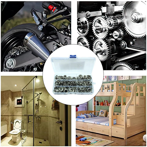Stainless countersunk washers used on motorcycle components; metal hardware.  
Stainless countersunk washers for machinery; close-up gear mechanism.  
Plastic case of stainless countersunk washers, 295pcs, sizes #4–#16.  
Bathroom scene with plumbing fixtures and stainless countersunk washers.  
Wood bunk bed assembly with stainless countersunk washers from kit.