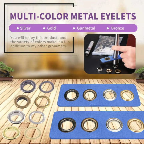 All In One 123 Pcs Grommet Eyelet Kit With 60 Washers And 1 Punch Tool For Canvas And Leather Repairs four color overview