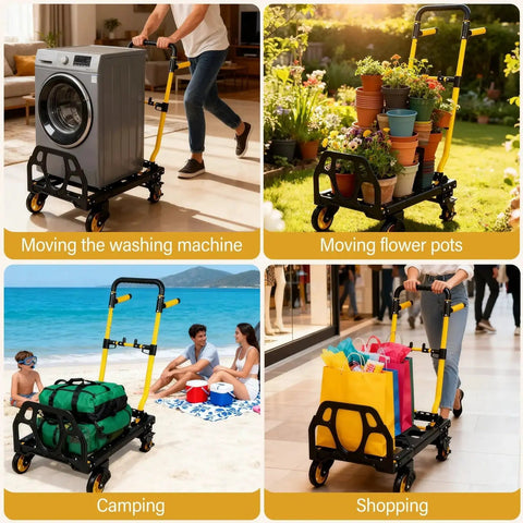 Heavy Duty Two In One Folding Hand Truck Dolly With Retractable Handle And Four Smooth Rubber Wheels, 330 Lb Capacity for moving various items