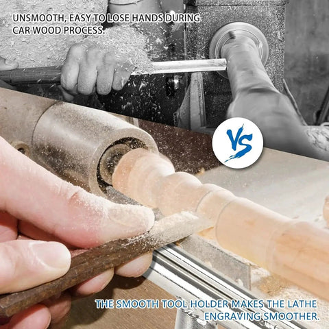 Comparison of lathe carving process with different tool holders for wood engraving, showcasing smoothness and control.