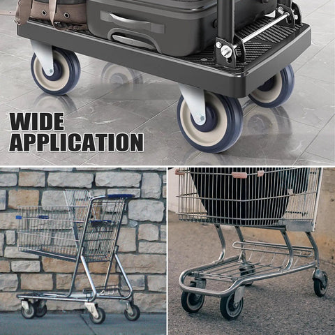 8 Pack 5 Inch Shopping Cart Replacement Wheels Kit With Double Ball Bearing TPU Silent Caster Wheels for supermarket
carts, showing installed wheels under trolley, shopping cart, and close-up view.