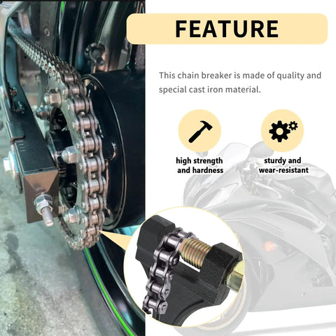 Close-up of heavy duty motorcycle chain breaker tool near bike chain, highlighting high strength and rust-resistant iron material.