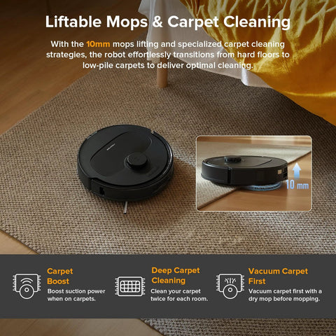 Roborock Qrevo robot vacuum and mop, black, on carpet; inset shows 10 mm mop lift.