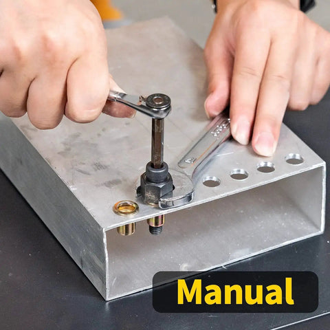 Person using Rivet Nut Tool Kit With Step Drill Bit And 100 Rivet Nuts, SAE And Metric Mandrels, Handy Rivnut Tool For DIY Projects on metal