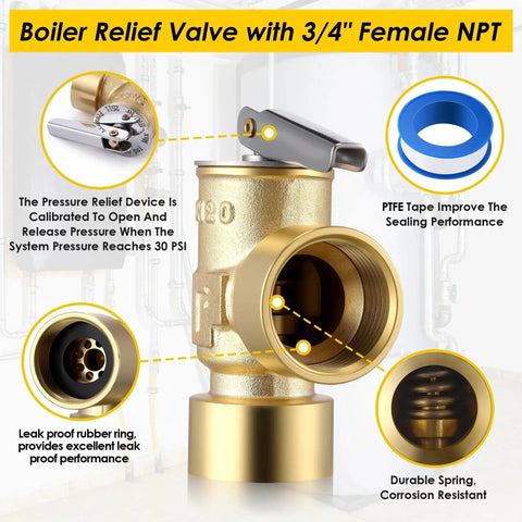 30 PSI Boiler Pressure Relief Valve Three Quarter Inch Female NPT To Three Quarter Inch Female NPT Brass With PTFE Thread Seal Tape For Hot Water And Cold Water Systems Leakproof Replacement