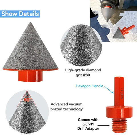 Pro Grade Diamond Beveling Chamfer Bits Set For Ceramic Tiles Three Piece Kit With Five Eighths Inch Eleven Drill Adapter Cone Grinder Bit And Diamond Milling Drill Bit For Hole Enlargement And Trimming Orange with hexagon handle and drill adapter.