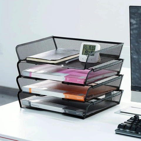 Four Tier Mesh Stackable File Trays For Desk Organization Letter Size Office Paper Organizer in black metal on desk