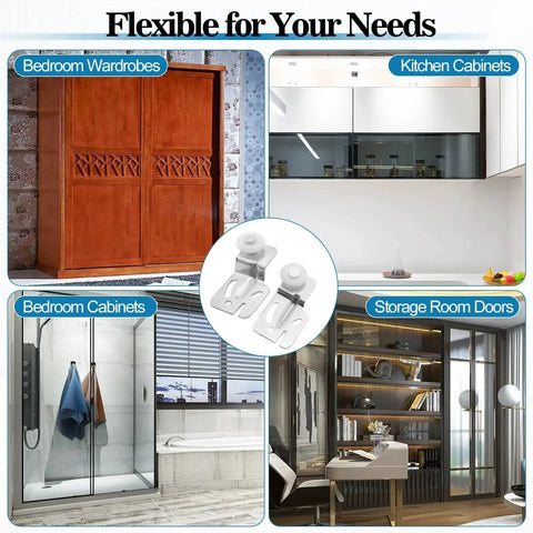 Sliding Closet Door Roller Kit With Floor Guide For Top Hung Wardrobe Doors Replacement Hardware displayed in various home settings.