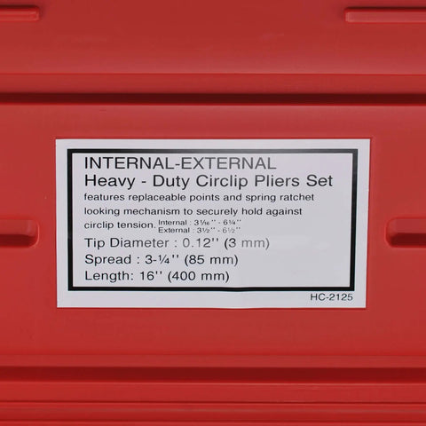 Label on red case for Heavy Duty Workhorse 16 Inch Snap Ring Pliers Set, 2 Piece, Internal And External Pliers with specifications.
