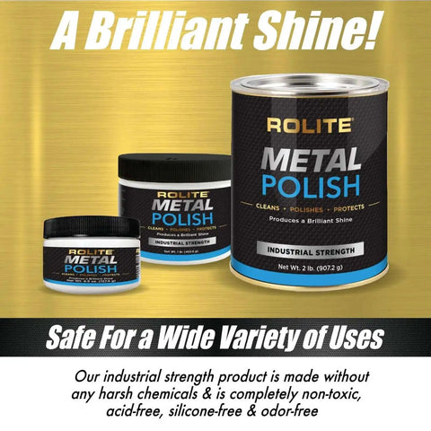 Product packaging for Rolite Metal Polish, designed for aluminum and stainless steel, shown in multiple sizes, industrial strength.