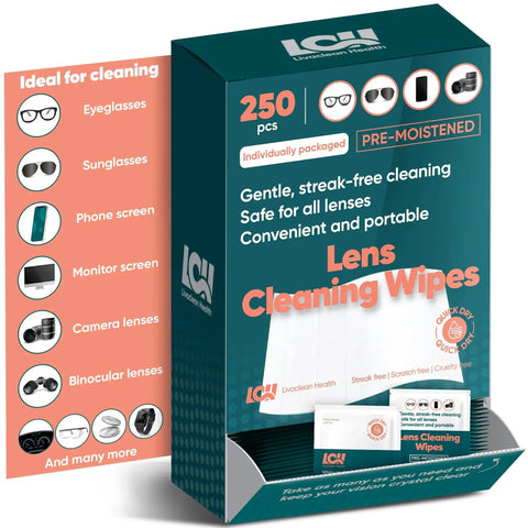 Box of 250 Count Lens Wipes For Eyeglasses Cameras And Screens Pre Moistened showing packaging details and cleaning uses