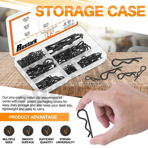 Six Sizes Black Zinc Plated Hitch Pins R Clips Kit With 145 Pcs Heavy Duty Carbon Steel Retaining Pins displayed in storage case.