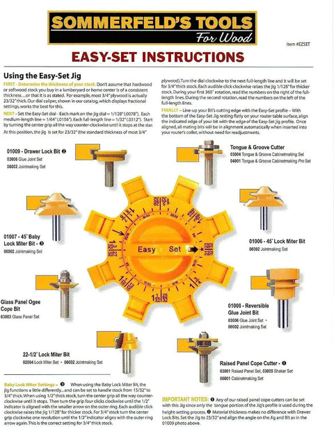 Instruction sheet for Easy Set Up Jig For Woodworking With Eight Matched Bit Profiles And A Micro Adjust Base Dial In Your Stock Thickness Quick Setup For Lock Miter Drawer Lock And Glue Joint Projects Precision Router Bit Jig For DIY Woodworkers.