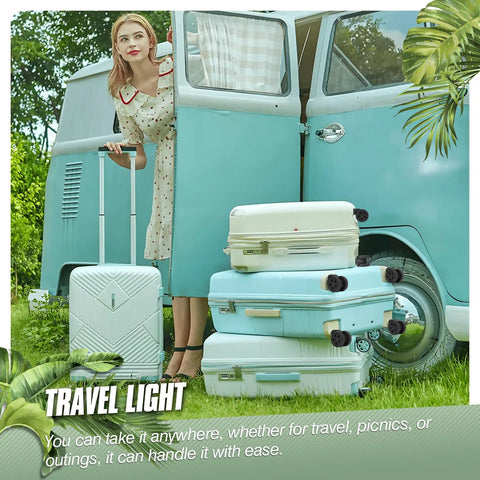 Woman with stacked turquoise suitcases beside retro van, showcasing travel luggage capacity