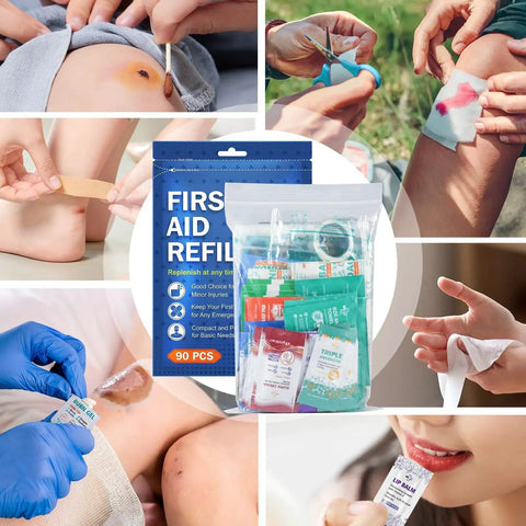 90 Piece First Aid Refill Kit For Home Travel And Hiking, Wound Care Bundle With Bandages Hydrocortisone Cream By SuccorWare