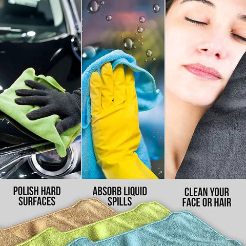 Ultra Soft Microfiber Cleaning Cloths 5 Pack 11.8 By 11.8 Inches used for polishing surfaces, absorbing spills, and cleaning face or hair.
