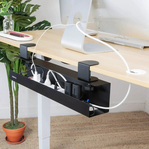 Under Desk Cable Management Tray Clamp-On No-Drill Metal Organizer For Cords And Wires installed on a desk holding power strips