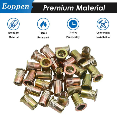M6 Rivet Nuts Kit 115 Pcs Zinc Plated Carbon Steel Flat Head Threaded Inserts for Furniture Auto Marine and Decoration