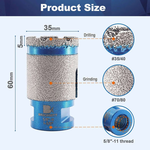 Two In One Diamond Core Drill Bit For One And Three Eighths Inch Holes, Finger Milling Bit For Drilling Enlarging Shaping Round Bevel Holes In Porcelain Ceramic Granite Marble Five Eighths Eleven Thread By BRSCHNITT, showing product size and features.
