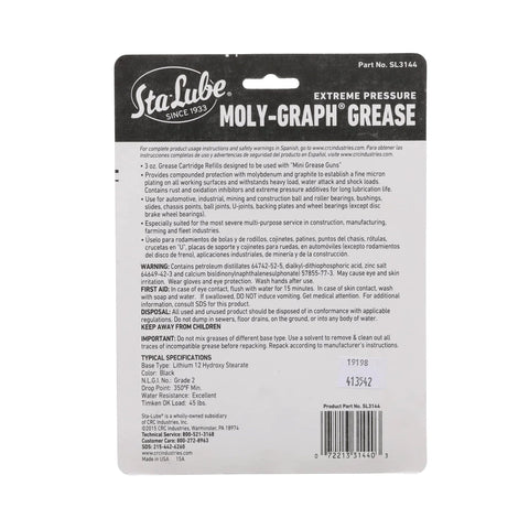 Sta-Lube Moly-Graph Extreme Pressure Grease SL3144 back card, pack of 3 x 3 oz cartridges