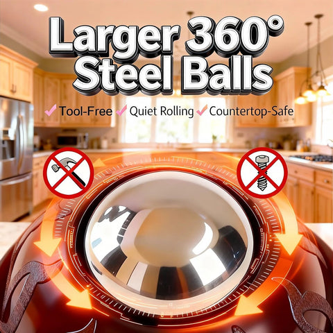 Close-up of Black Stainless Steel Self Adhesive Caster Wheels 4 Pack Large Profile Swivel Ball Casters in a kitchen setting.