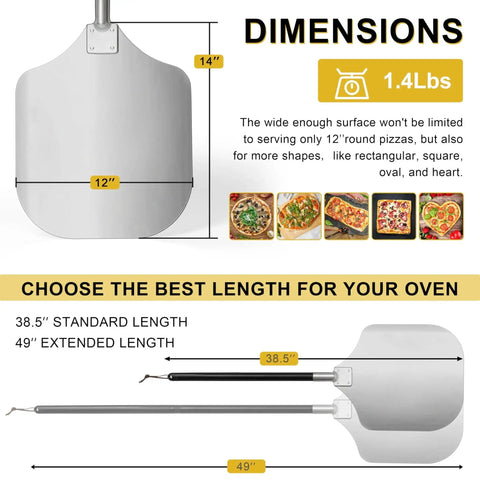 Heavy Duty Aluminum Pizza Peel With Extra Long Handle For Home And Commercial Ovens From 38 And A Half Inches To 49 Inches Painted Handle Includes Cutter Rocker Turning Tool Kit Joyfair shown with dimensions and uses.